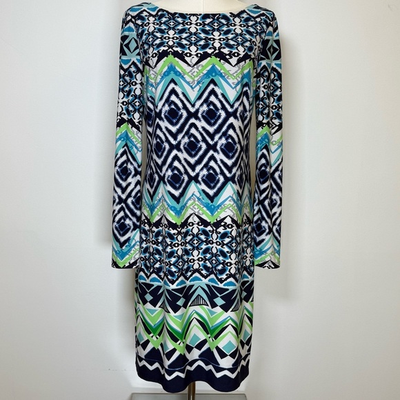 Vince Camuto Blue And Green Geometric Print Long Sleeve Dress Women’s Size 10 - Picture 1 of 9